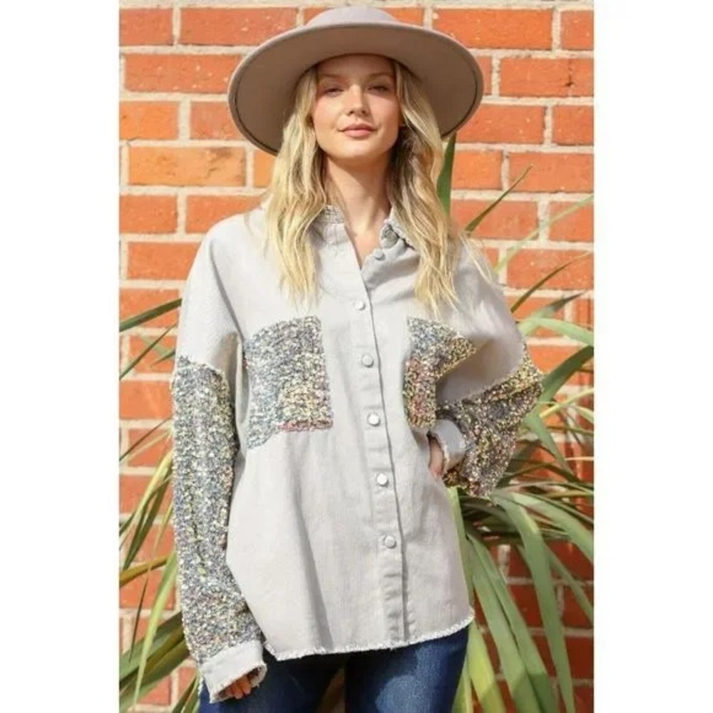 NWT Fantastic Fawn Light Grey Sequin Sleeve Shacket Oversized Jacket size S - Picture 6 of 16